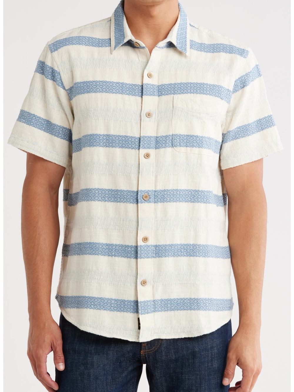 Lucky Brand Men's Short-Sleeve Stripe Button-Up Shirt in Cream and Blue NWT